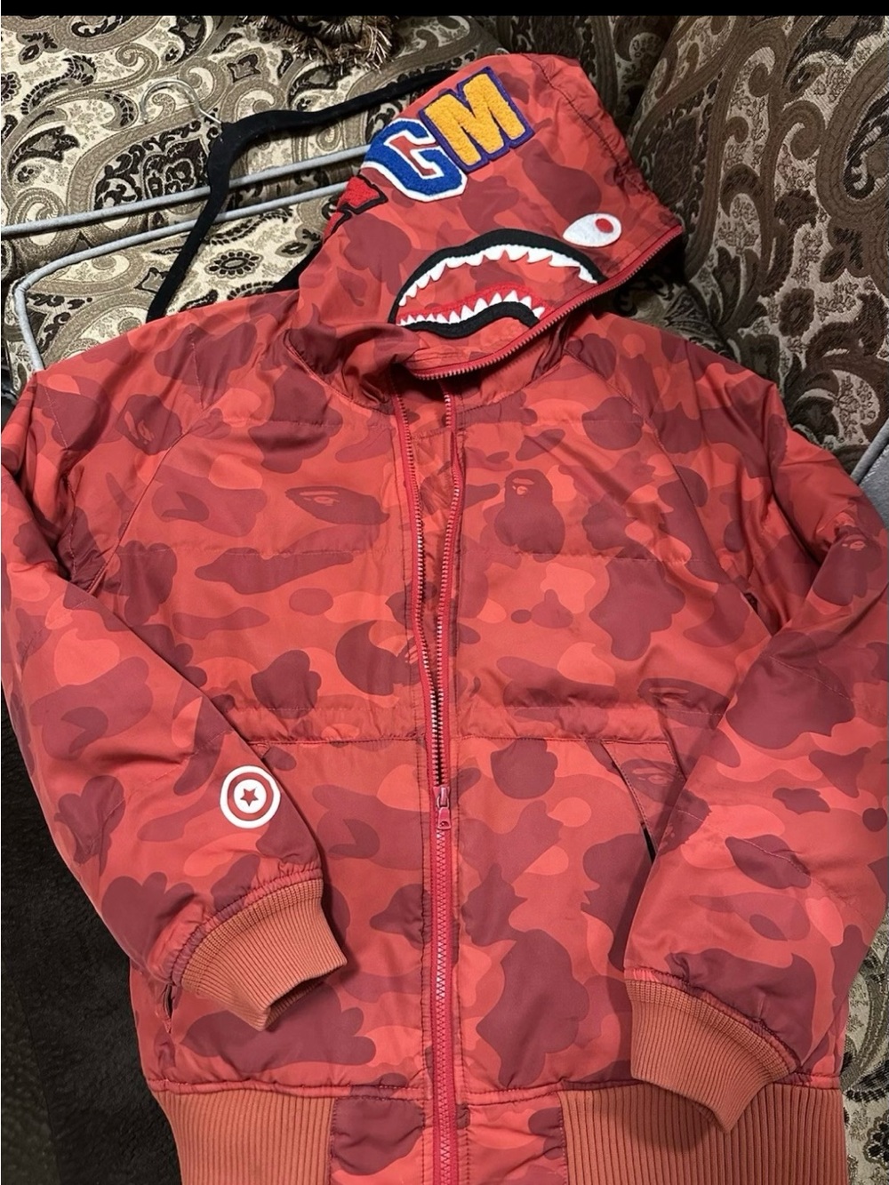 Vtg Authentic Billionaire Boys Club Red Camo Shark-Graphic Hooded Puffer Jacket